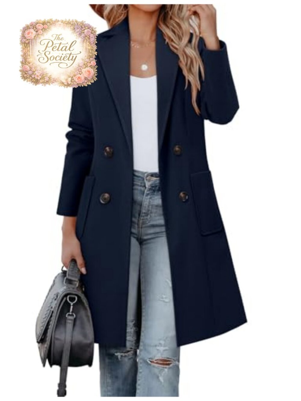 Women's Long Double Breasted Peacoat Notch Lapel Winter Coat